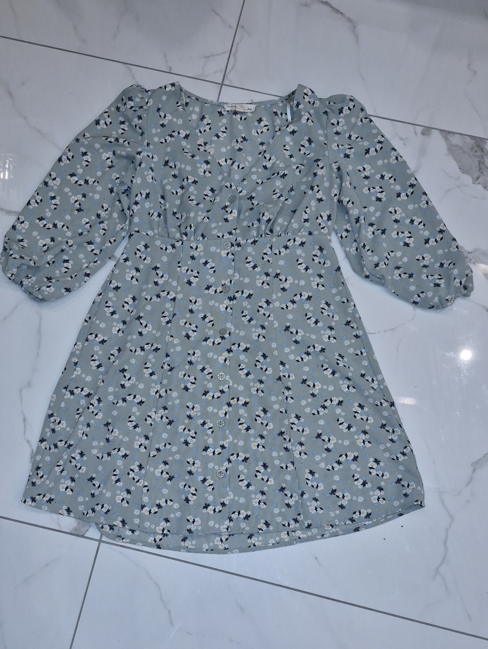 BeBop Light Sage Floral Puff-Sleeve Dress